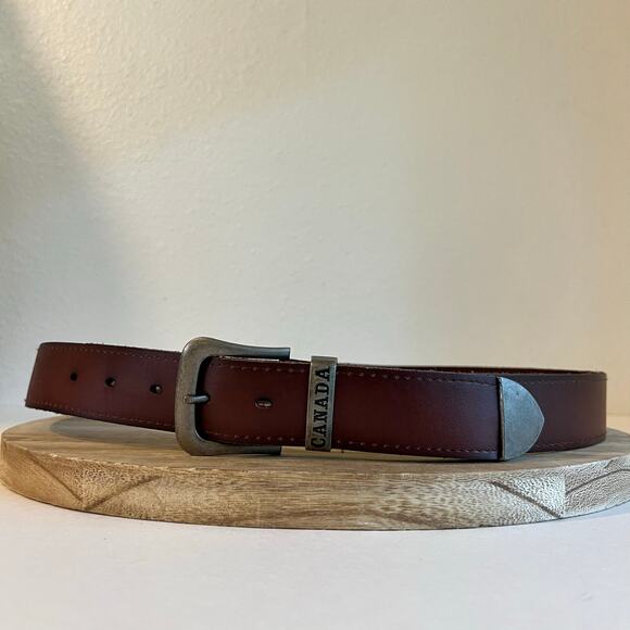 Atlas Accessories - Brown Genuine Leather CANADA Embellished Silver Tip Belt Unisex Size Large